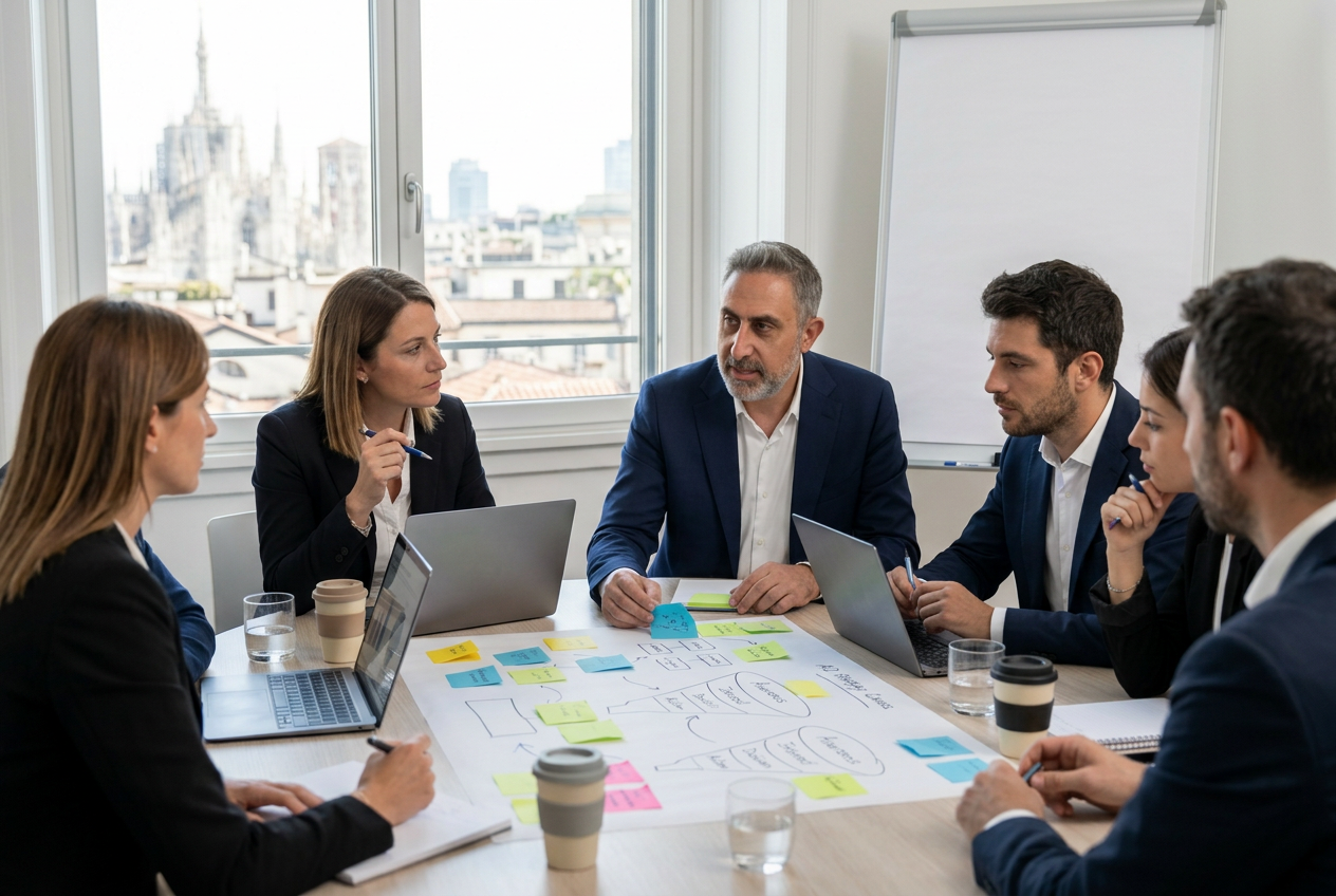 Basilio Bentivegna lavora con un piccolo gruppo di marketer su un canvas strategico con post-it durante un workshop live a Milano