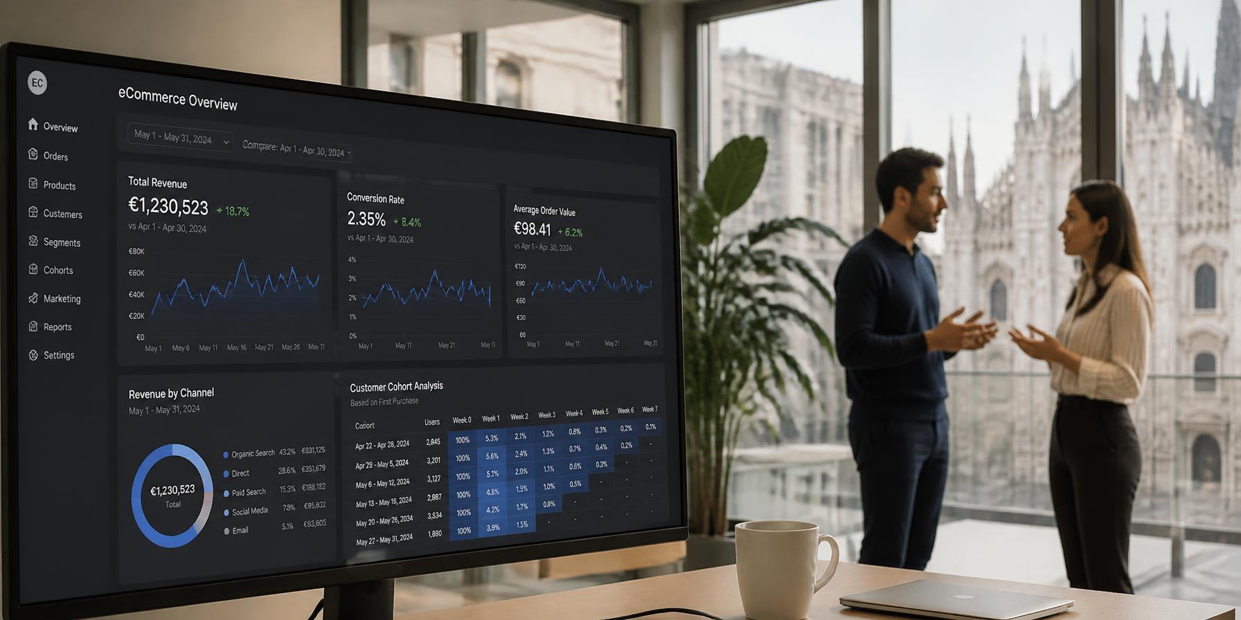 Dashboard eCommerce con revenue, conversion rate e analisi per coorte durante una review