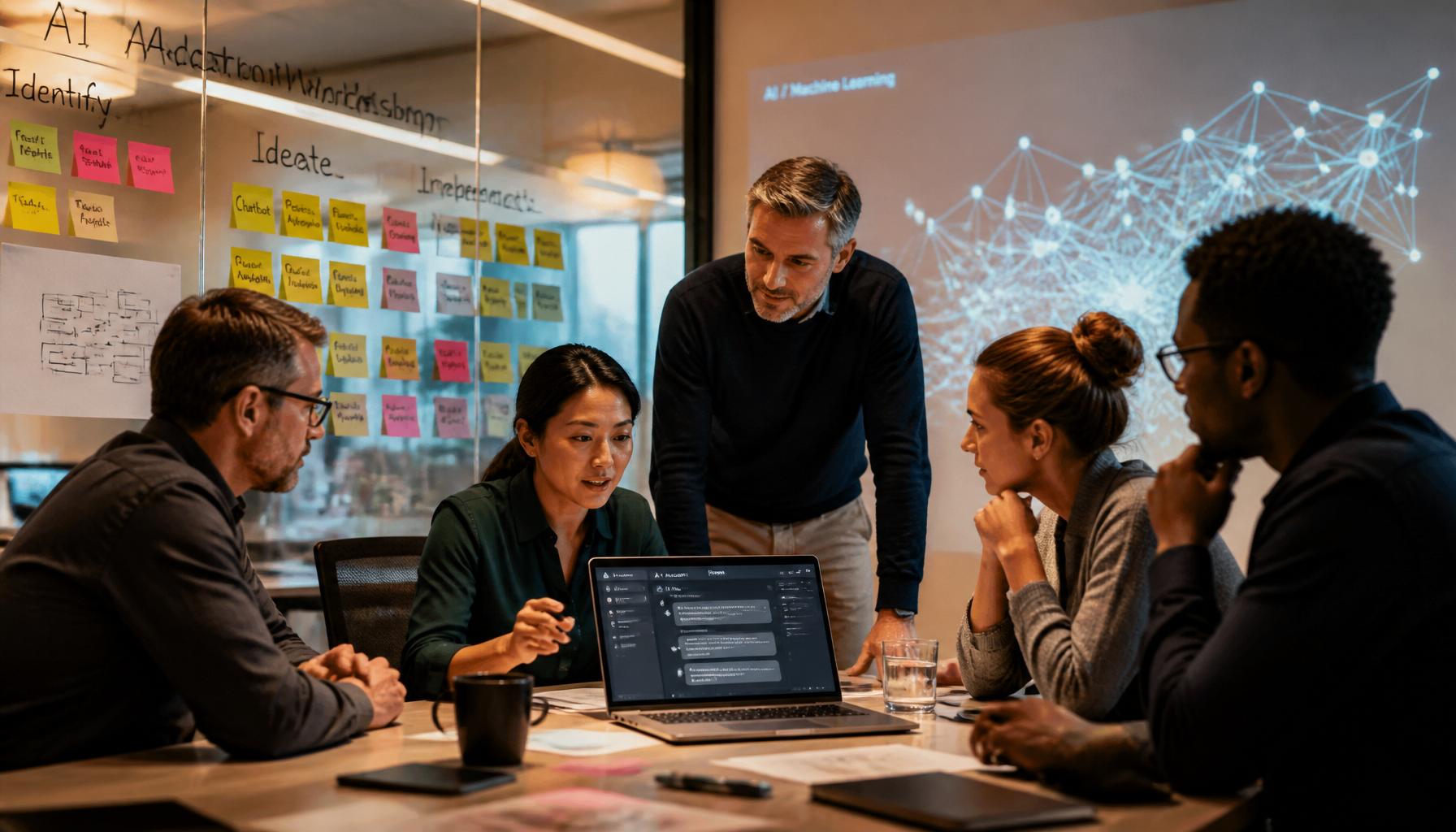 Workshop di AI adoption con team che collabora attorno a un laptop e diagrammi di processo