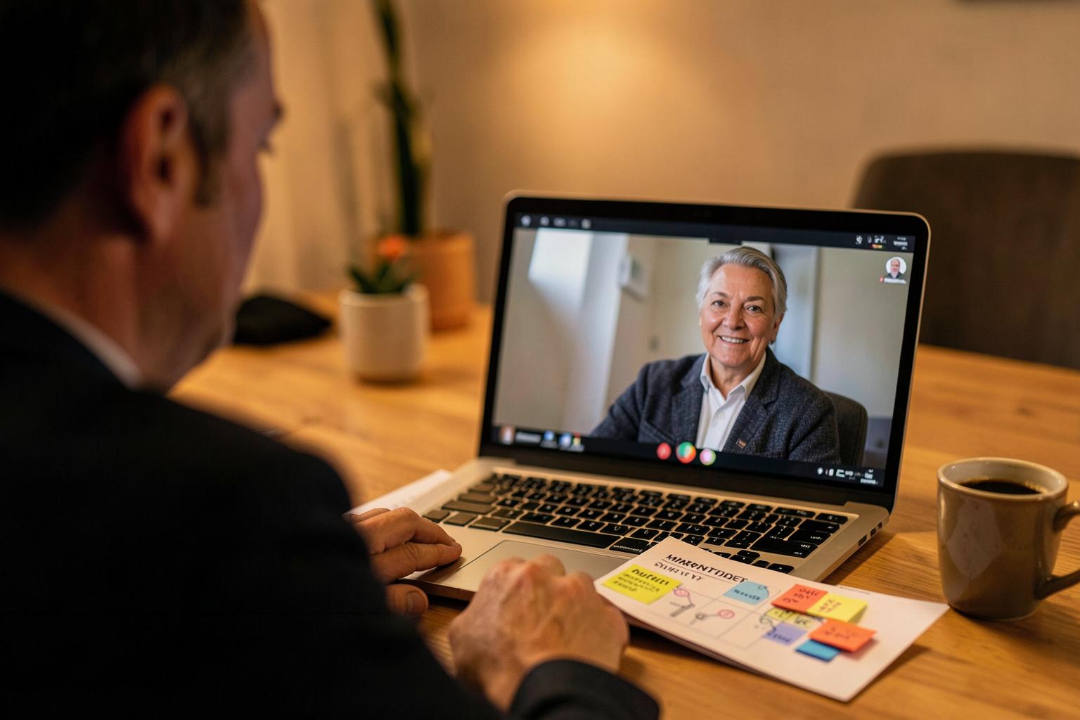 Sessione individuale di mentoring in videochiamata con canvas strategico e appunti sulla scrivania