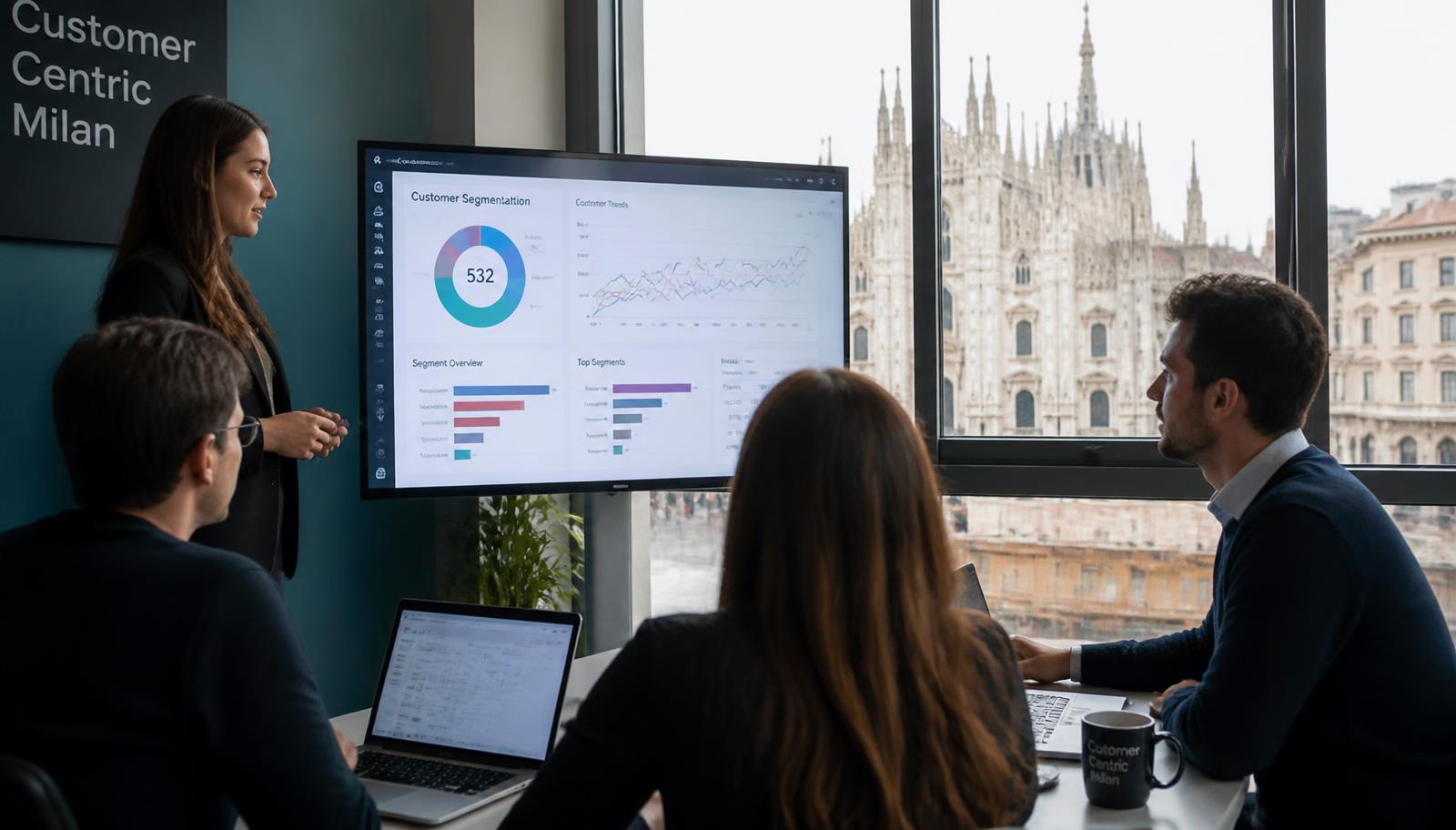Team marketing analizza segmentazione clienti e KPI CRM su dashboard in ufficio a Milano