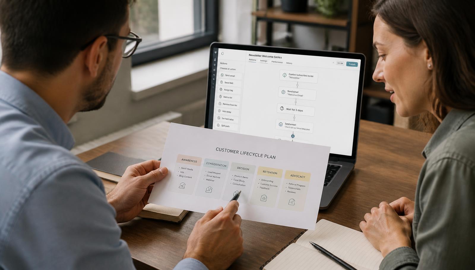 Due consulenti rivedono il piano del ciclo di vita cliente accanto a un flusso di marketing automation